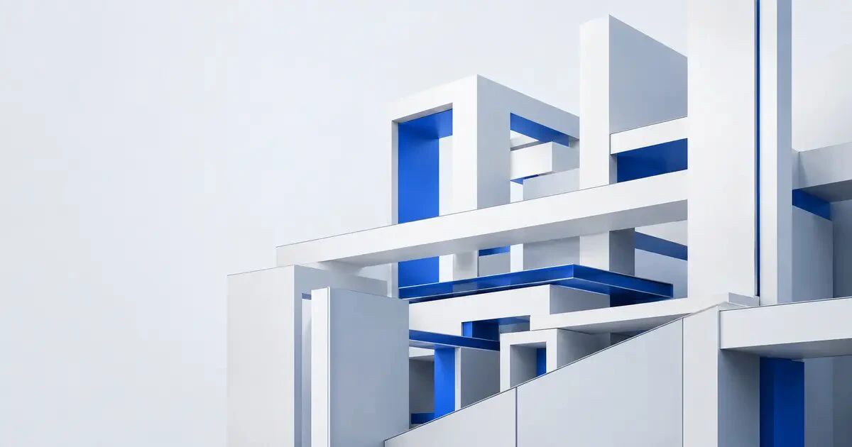Interconnected white architectural structures with royal-blue channels representing a coherent business system